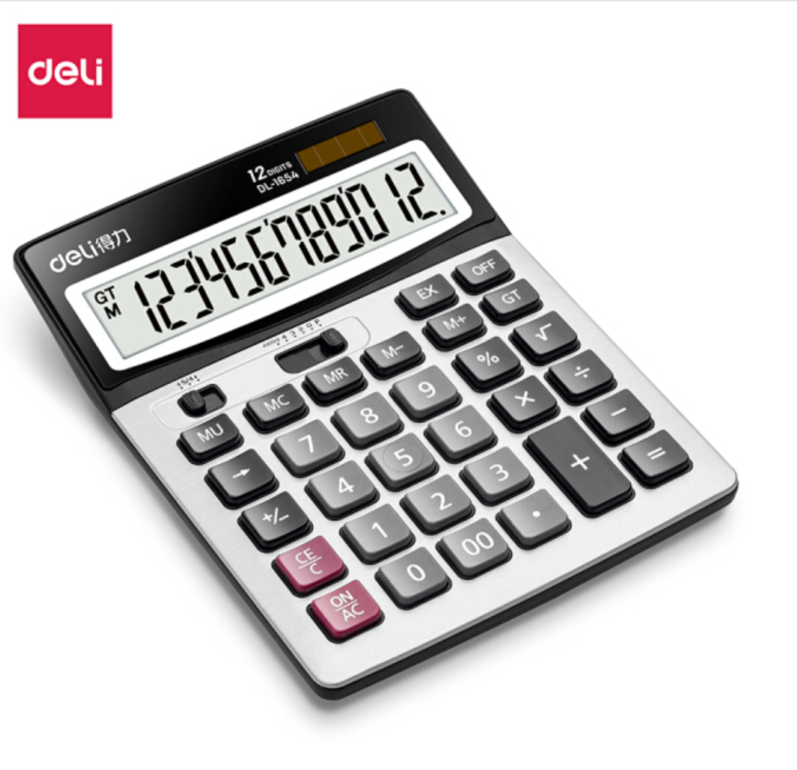 得力(deli)双电源宽屏办公桌面计算器 财务计算机 办公文具用品 银灰色1654